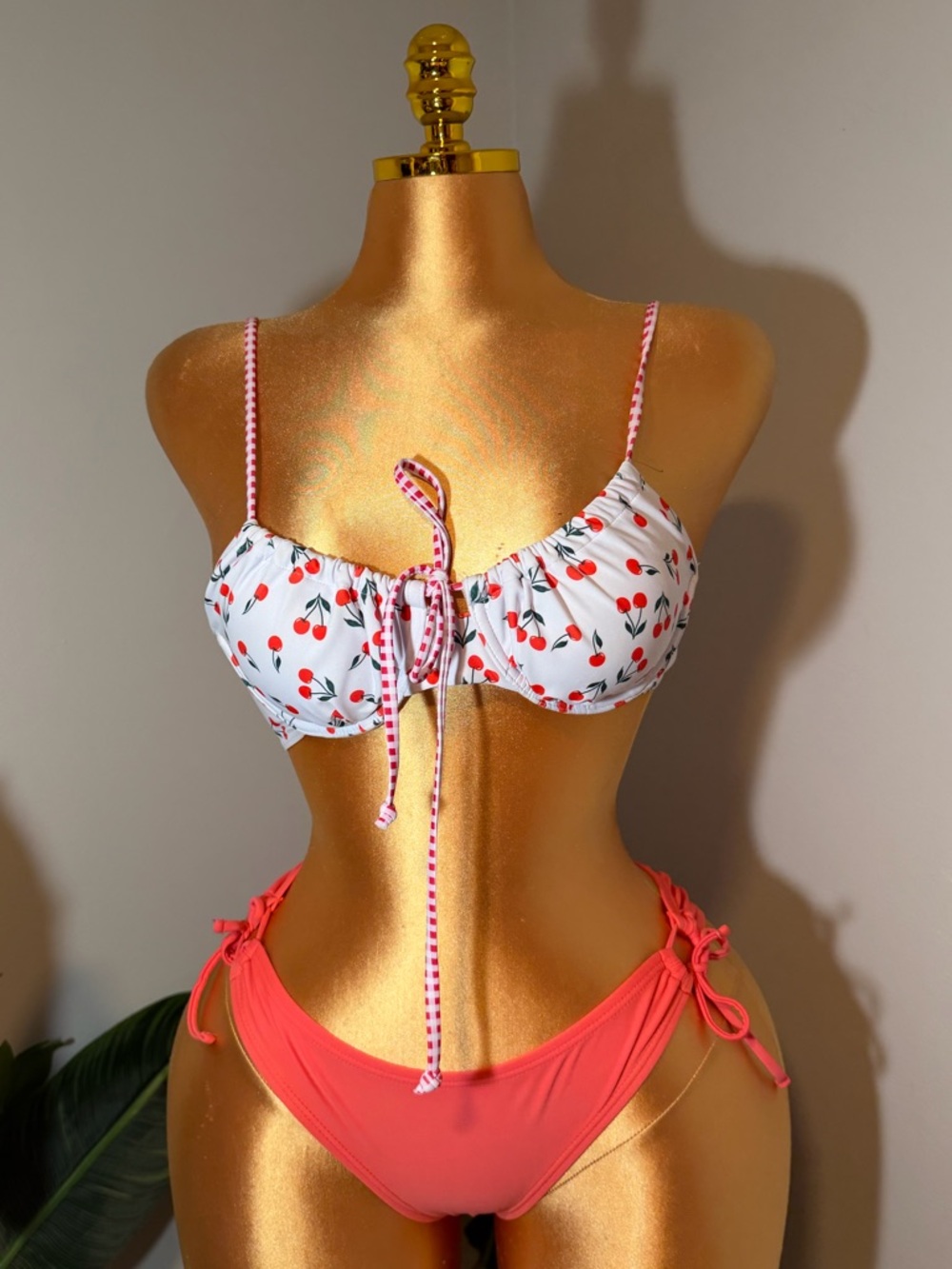 Women’s Cherry-Print White Bikini Top with Coral Tie-Side Bottoms